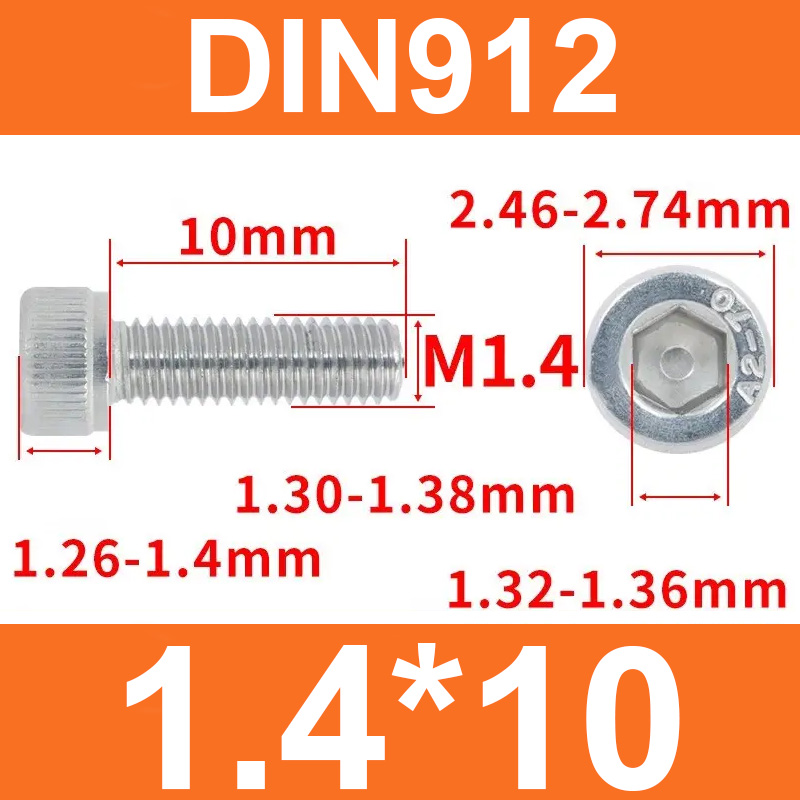 Винт DIN912, M1,4*10, с цилиндрической головкой и внутренним шестигранником