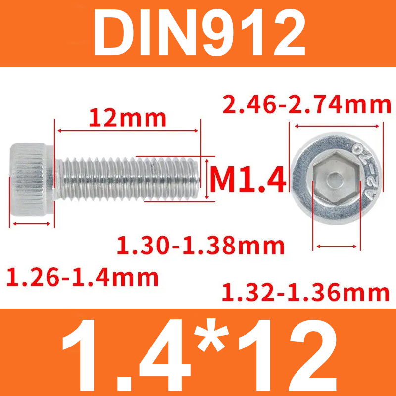 Винт DIN912, M1,4*12, с цилиндрической головкой и внутренним шестигранником