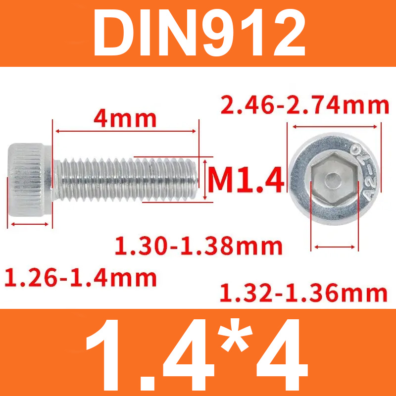 Винт DIN912, M1,4*4, с цилиндрической головкой и внутренним шестигранником