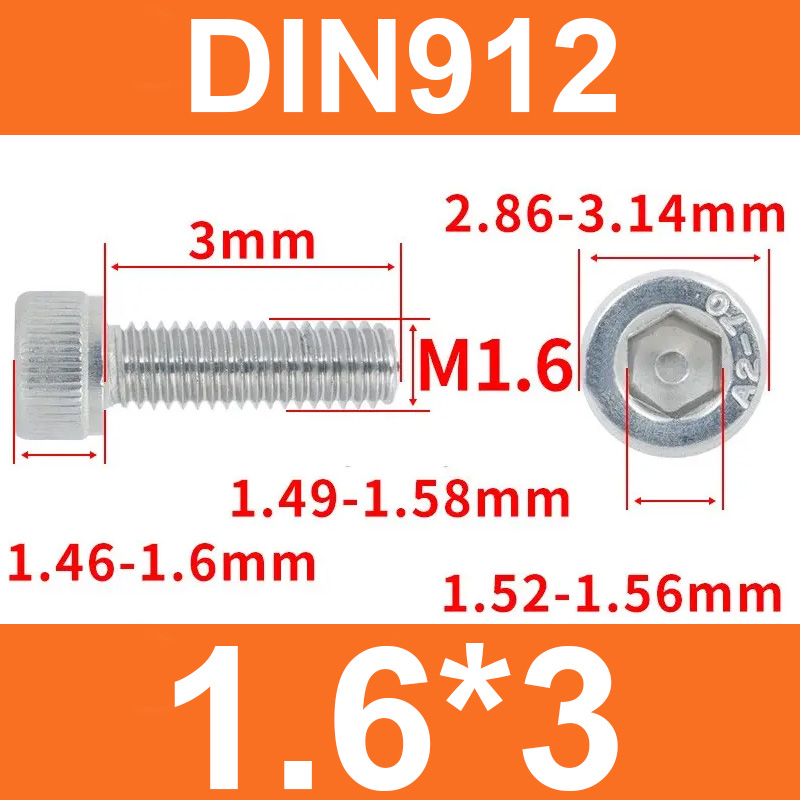 Винт DIN912, M1,6*3, с цилиндрической головкой и внутренним шестигранником