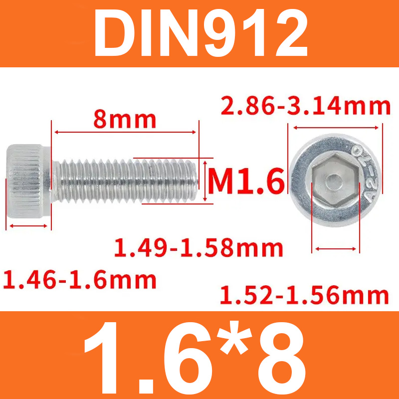 Винт DIN912, M1,6*8, с цилиндрической головкой и внутренним шестигранником
