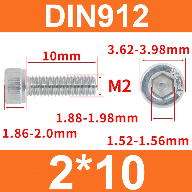 Винт DIN912, M2*10, с цилиндрической головкой и внутренним шестигранником