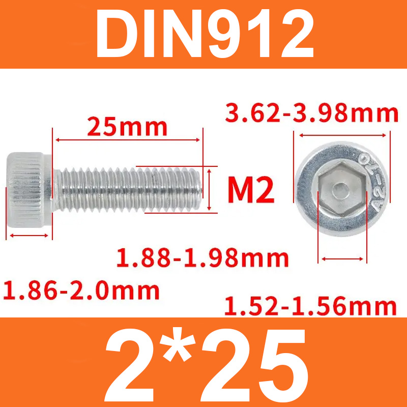 Винт DIN912, M2*25, с цилиндрической головкой и внутренним шестигранником