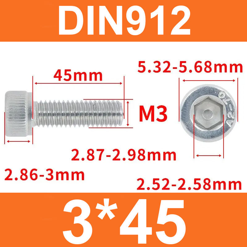 Винт DIN912, M3*45, с цилиндрической головкой и внутренним шестигранником