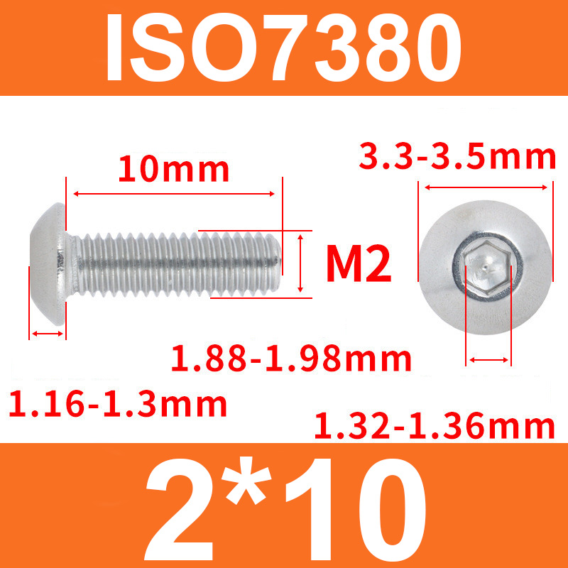 Винт ISO7380, M2*10, с полукруглой головкой и внутренним шестигранником, нержавеющая сталь 304