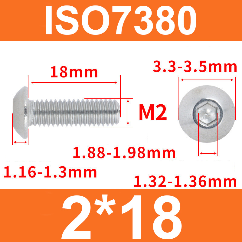 Винт ISO7380 M2*18 с полукруглой головкой и внутренним шестигранником, нержавеющая сталь 304