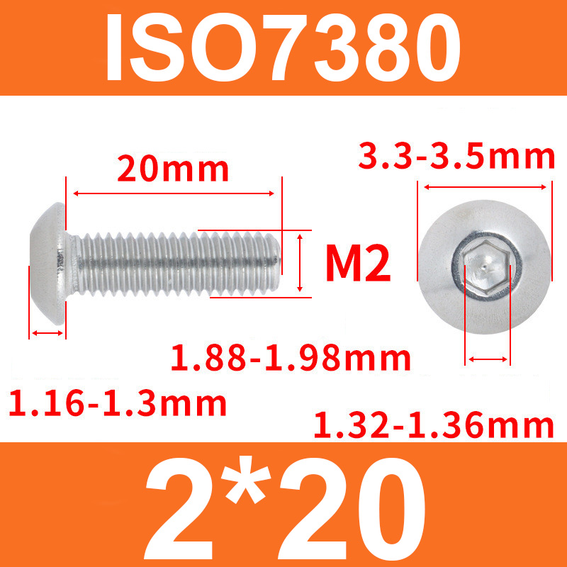 Винт ISO7380 M2*20 с полукруглой головкой и внутренним шестигранником, нержавеющая сталь 304