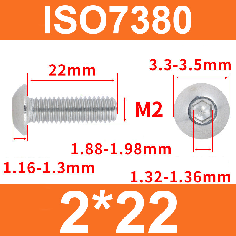 Винт ISO7380 M2*22 с полукруглой головкой и внутренним шестигранником, нержавеющая сталь 304