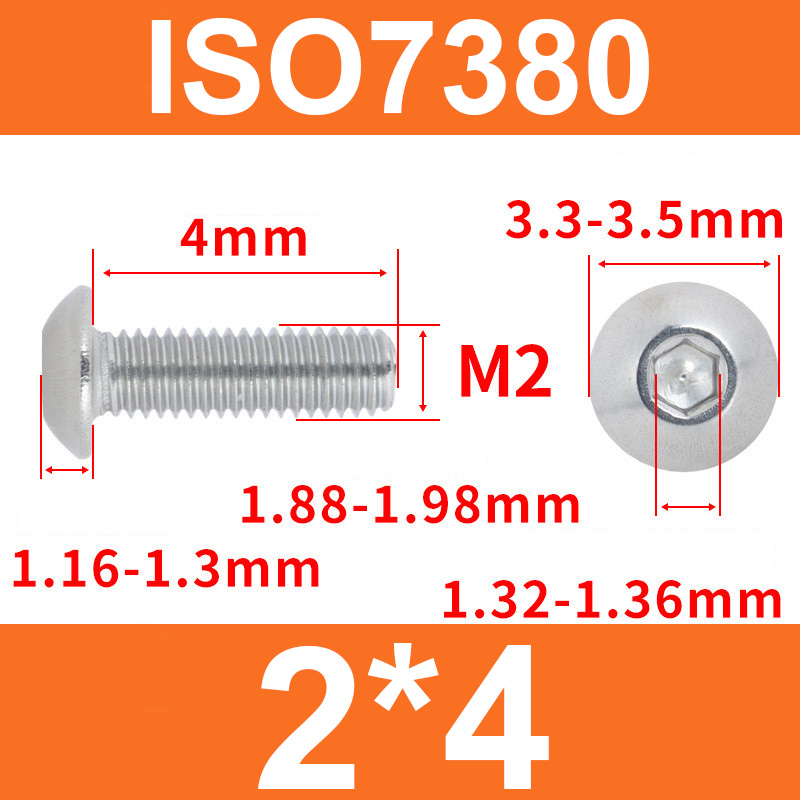Винт ISO7380, M2*4, с полукруглой головкой и внутренним шестигранником, нержавеющая сталь 304
