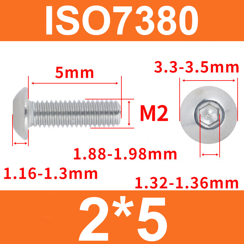 Винт ISO7380, M2*5, с полукруглой головкой и внутренним шестигранником, нержавеющая сталь 304