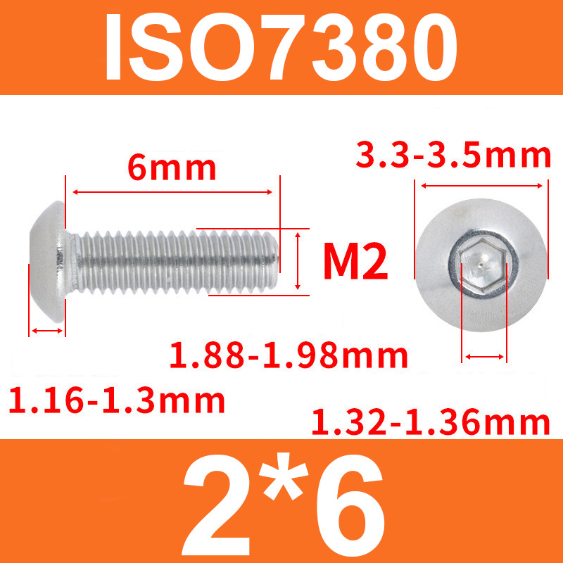Гвинт ISO7380, M2*6, з напівкруглою головкою та внутрішнім шестигранником, нержавіюча сталь 304