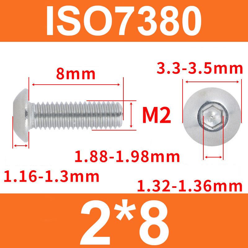 Винт ISO7380, M2*8, с полукруглой головкой и внутренним шестигранником, нержавеющая сталь 304