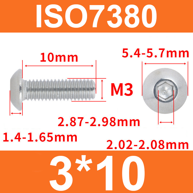 Винт ISO7380 M3*10 с полукруглой головкой и внутренним шестигранником, нержавеющая сталь 304