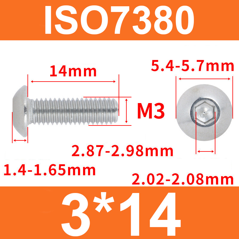 Винт ISO7380 M3*14 с полукруглой головкой и внутренним шестигранником, нержавеющая сталь 304