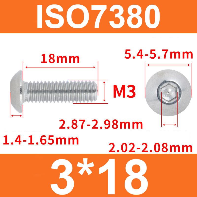 Винт ISO7380 M3*18 с полукруглой головкой и внутренним шестигранником, нержавеющая сталь 304
