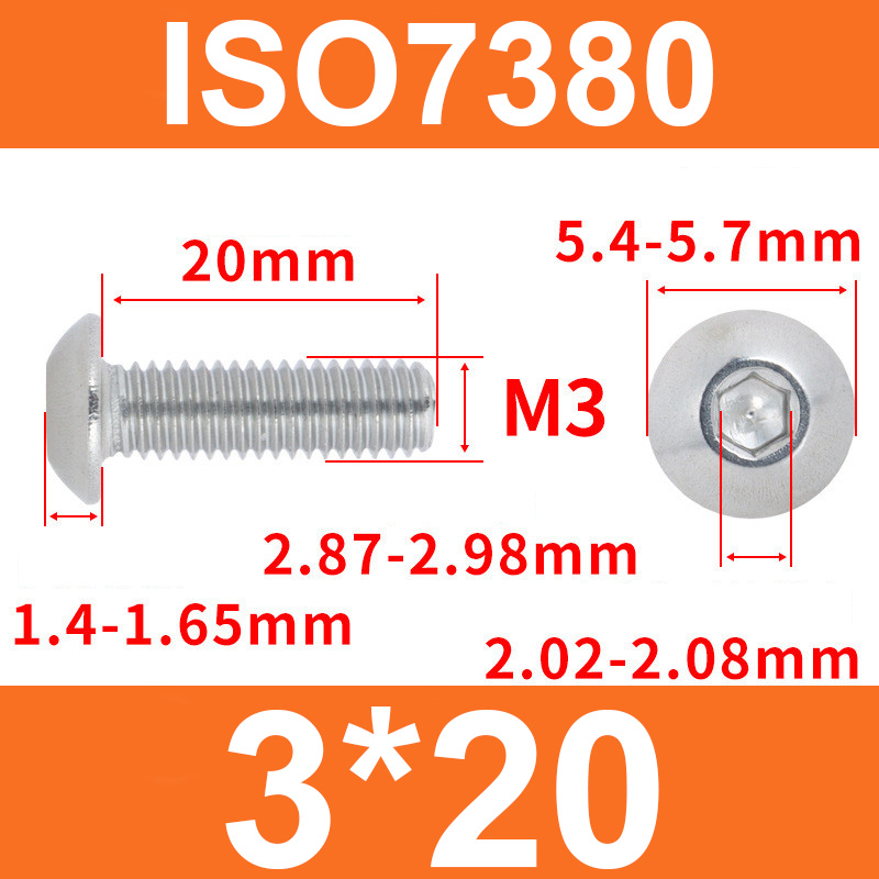 Винт ISO7380 M3*20 с полукруглой головкой и внутренним шестигранником, нержавеющая сталь 304