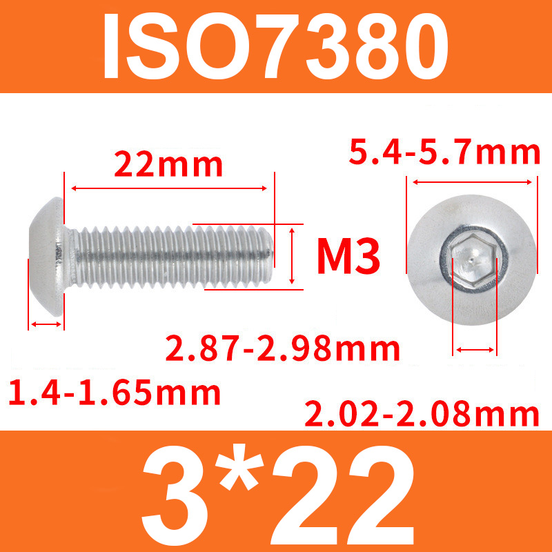 Винт ISO7380 M3*22 с полукруглой головкой и внутренним шестигранником, нержавеющая сталь 304