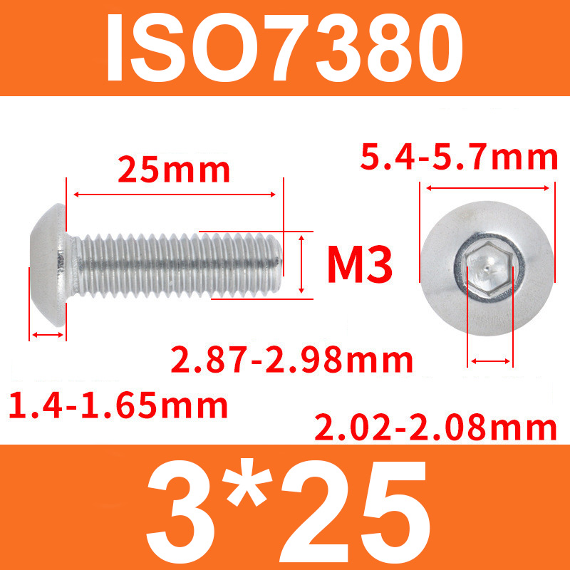 Винт ISO7380 M3*25 с полукруглой головкой и внутренним шестигранником, нержавеющая сталь 304