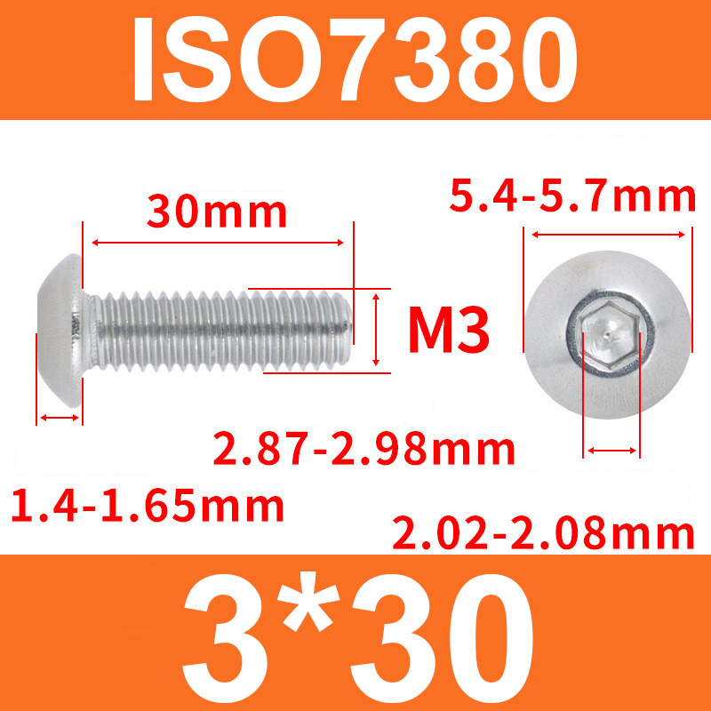Винт ISO7380 M3*30 с полукруглой головкой и внутренним шестигранником, нержавеющая сталь 304