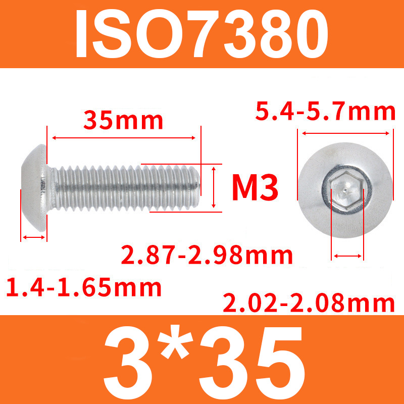 Винт ISO7380 M3*35 с полукруглой головкой и внутренним шестигранником, нержавеющая сталь 304