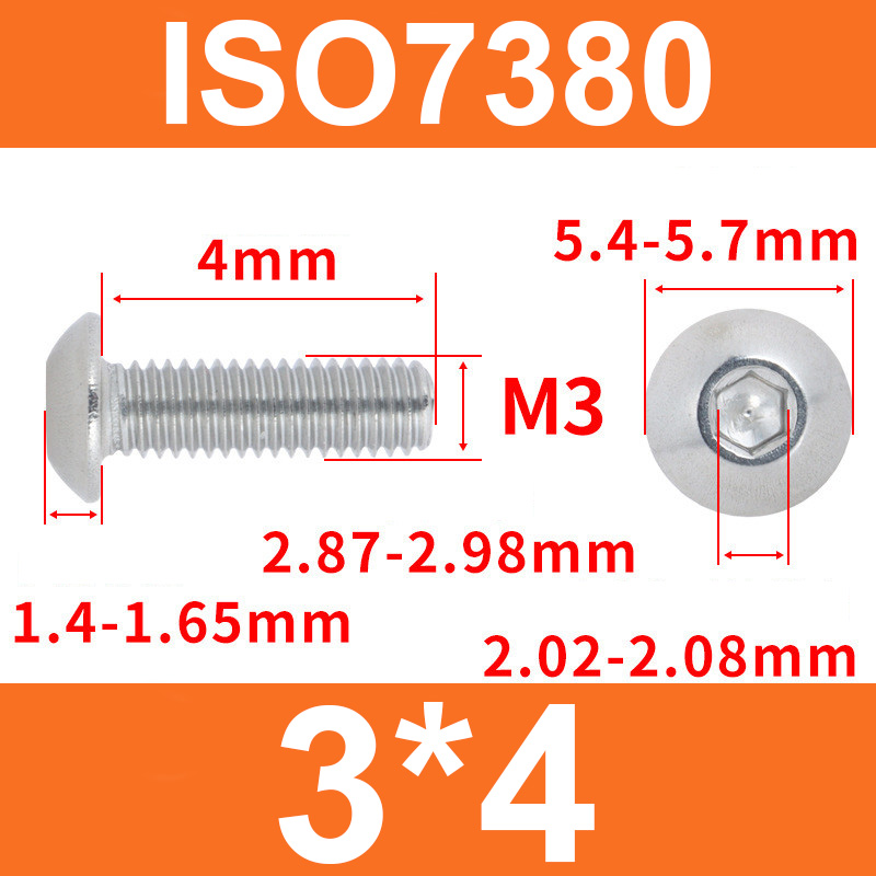 Винт ISO7380 M3*4 с полукруглой головкой и внутренним шестигранником, нержавеющая сталь 304