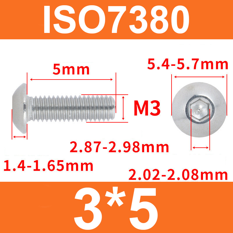 Винт ISO7380 M3*5 с полукруглой головкой и внутренним шестигранником, нержавеющая сталь 304