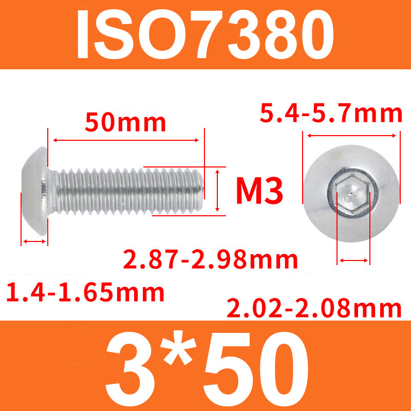 Винт ISO7380 M3*50 с полукруглой головкой и внутренним шестигранником, нержавеющая сталь 304