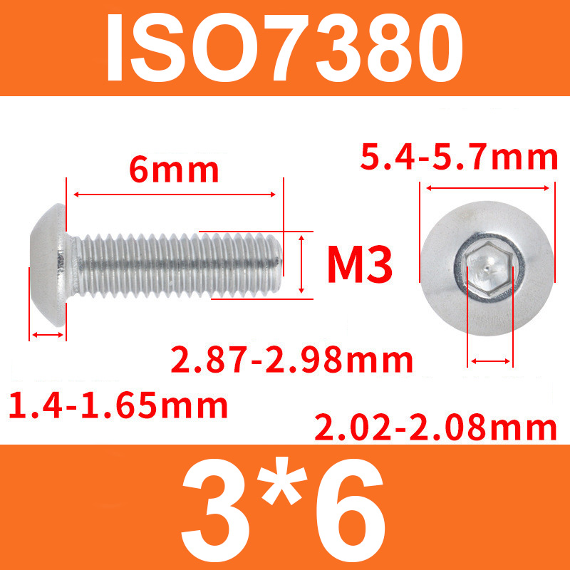 Винт ISO7380 M3*6 с полукруглой головкой и внутренним шестигранником, нержавеющая сталь 304